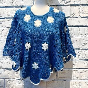 Hand Crochet Poncho Electric Blue/White Flowers Shorter Length 20 In *One‎ Size